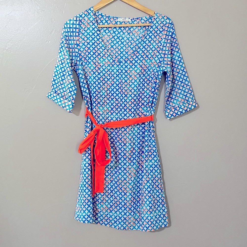 3/4 sleeve dress with bright orange waist tie